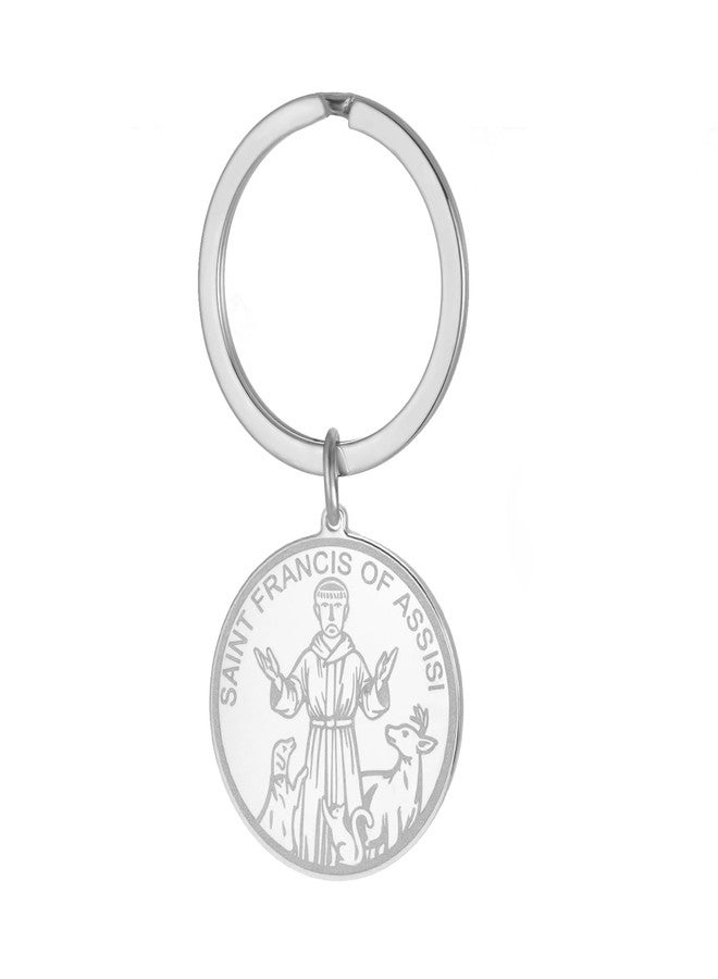 TEAMER Saint Francis of Assisi Keychain Protection Cat/Dog Tag Medal Pendant Patron Francis Pet Amulet Medal Catholic Jewelry (Silver) - Image 1